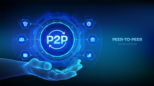 Peer to peer icona in wireframe mano pagamento P2P e modello online per il supporto o il trasferimento di denaro concetto di tecnologia PeerToPeer sullo schermo virtuale illustrazione vettoriale