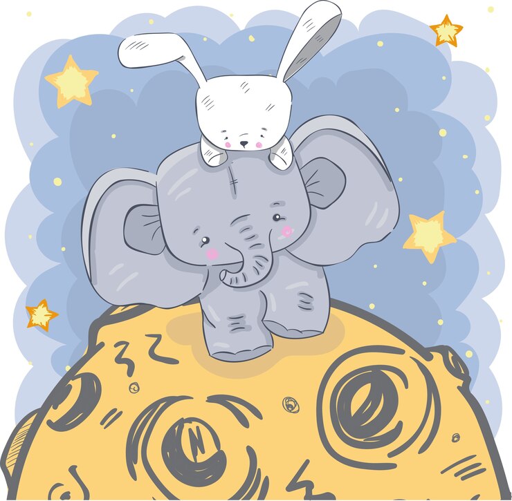 Peluche elefante e coniglio sulla luna, disegnata a mano