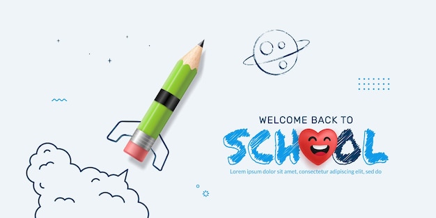 Pencil Rocket che si lancia sullo sfondo dello spazio Concetto di ritorno a scuola Apprendimento online e modello Web