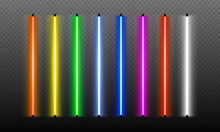 Vettore pennelli al neon impostati su sfondo trasparente. set di oggetti luminosi colorati. elettrico d'epoca.