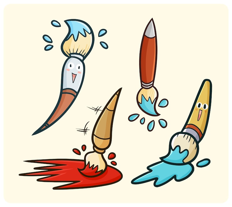 Pennello da pittura divertente e carino in stile doodle kawaii