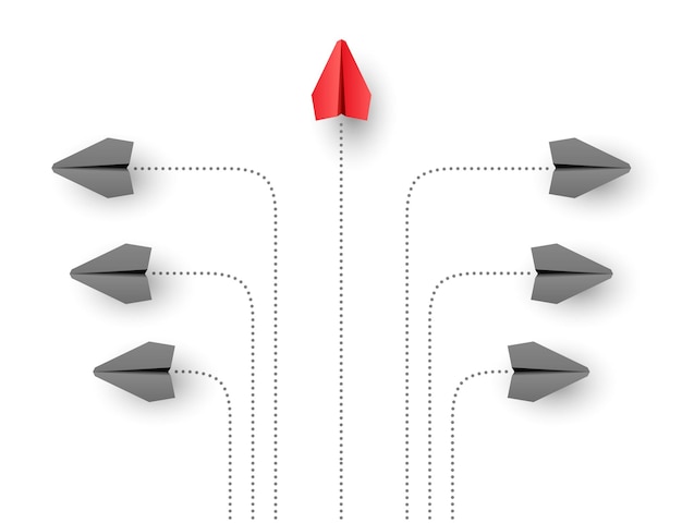 Pensare a un concetto di individualità diverso Individuale e unico leader aereo di carta vola in avanti vettore