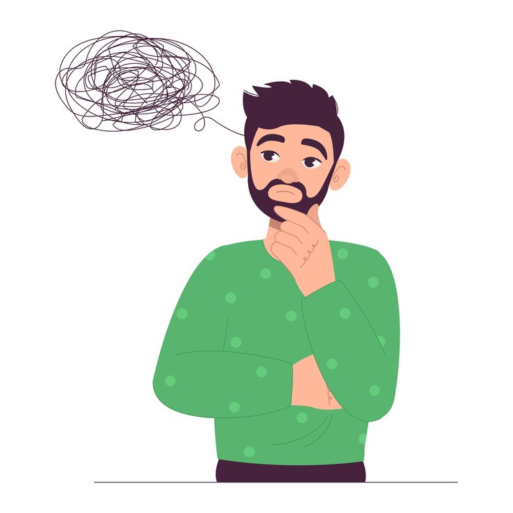 Vettore pensiero dell'uomo pensieri confusi problemi di ripensamento grafica vettoriale