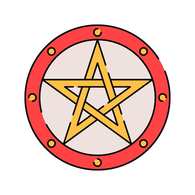 Pentagramma Scudo Pentagramma d'oro in un cerchio rosso in stile design piatto