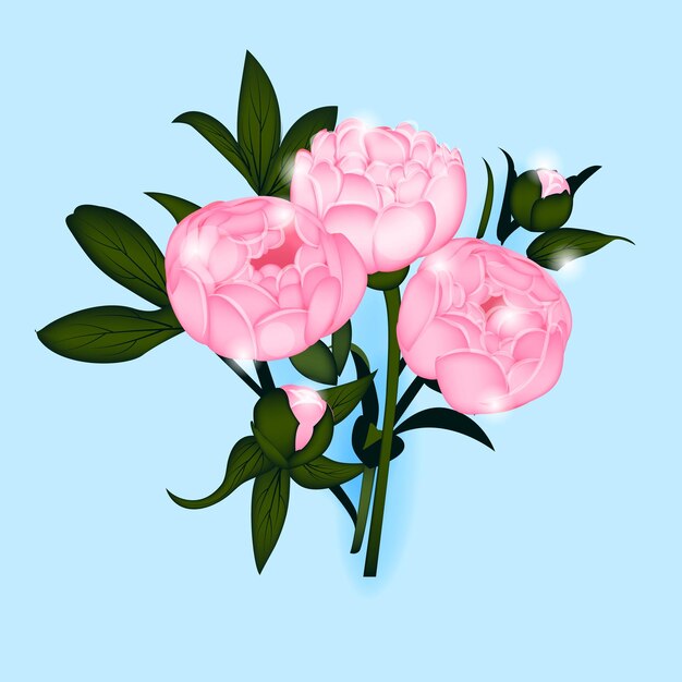 Peonia rosa su sfondo blu bouquet di peonie in stile realistico stampa cartolina di stampa Illustrazione floreale vettoriale