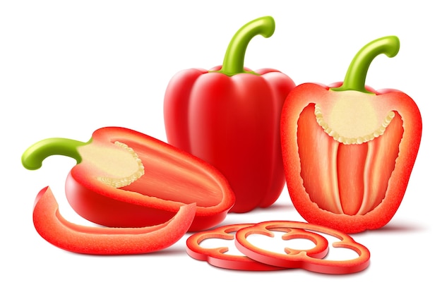 Peperoncino fresco maturo, verdure isolate su sfondo bianco, metà intera e fette di rosso