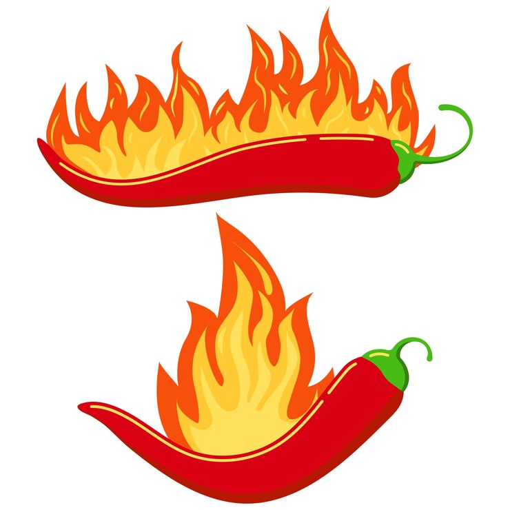 Peperoncino rosso nel set di icone di fiamma di fuoco isolato su priorità bassa bianca. Illustrazione di verdure organiche mature fresche di stile del fumetto di vettore design piatto. Peperoncino piccante bruciare cibo concetto di raccolta.