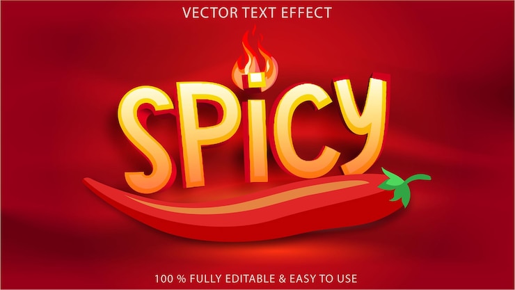 Vettore peperoncino rosso piccante con effetto testo vettoriale fuoco