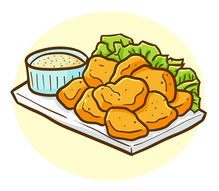 Pepita di pollo kawaii divertente e gustosa su un piatto pronto da mangiare