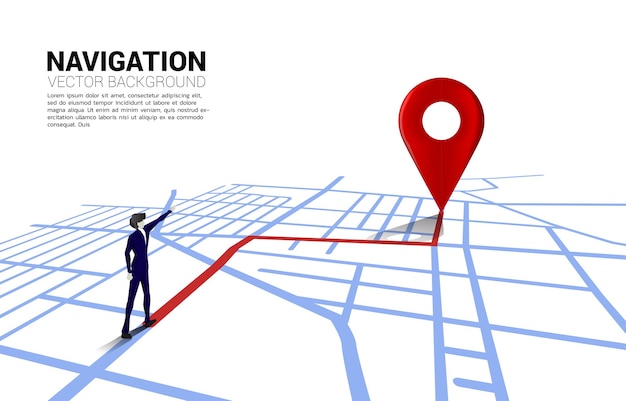 Percorso tra gli indicatori di posizione 3D e l'uomo d'affari sulla mappa stradale della città Concetto per l'infografica del sistema di navigazione GPS