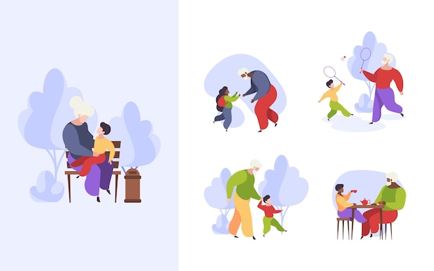 Persona anziana e nipoti. Anziani di famiglia felice che giocano con i bambini nonno e nonna che camminano insieme sgargianti caratteri vettoriali. Uomo e donna anziani con illustrazione dei nipoti
