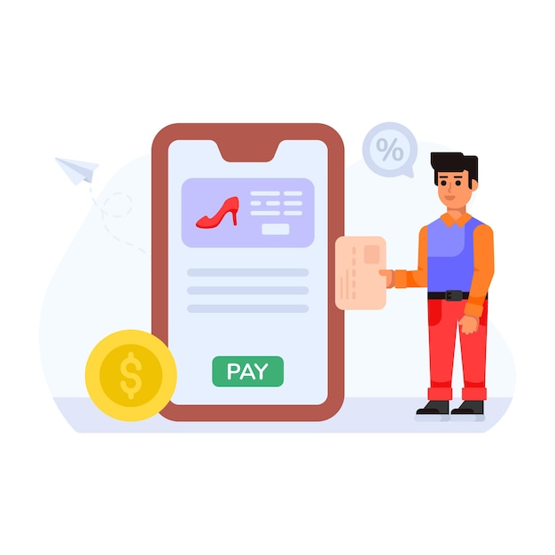 Persona che gestisce l'illustrazione del personaggio piatto dell'app di finanza