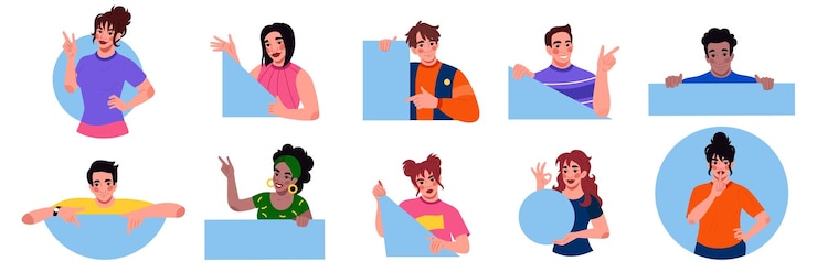 Vettore persona che guarda verso il basso mostra il viso in forma geometrica consigli commerciali donna e uomo indicano il dito personaggio curioso e eccitato che mostra personaggi divertenti in figure vettore illustrazione ordinata