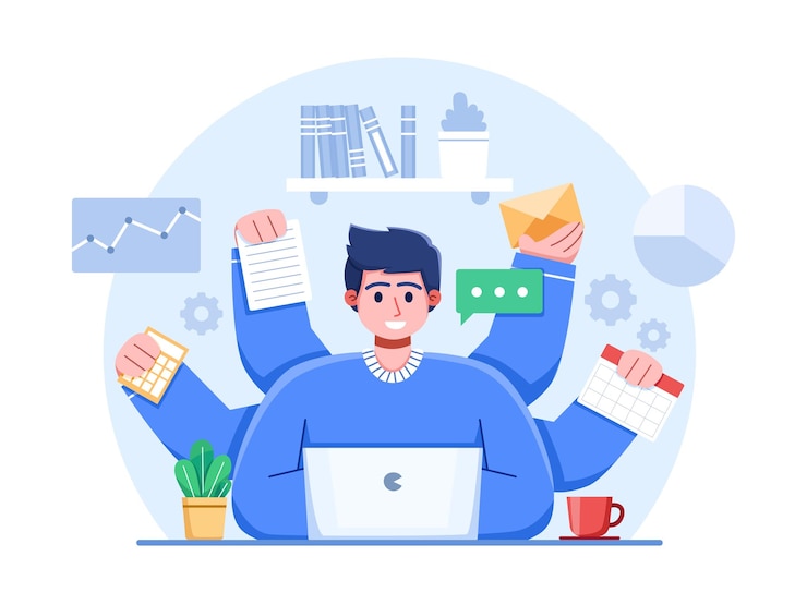Vettore persona che lavora in multitasking che mostra l'importanza del multitasking per aumentare la produttività