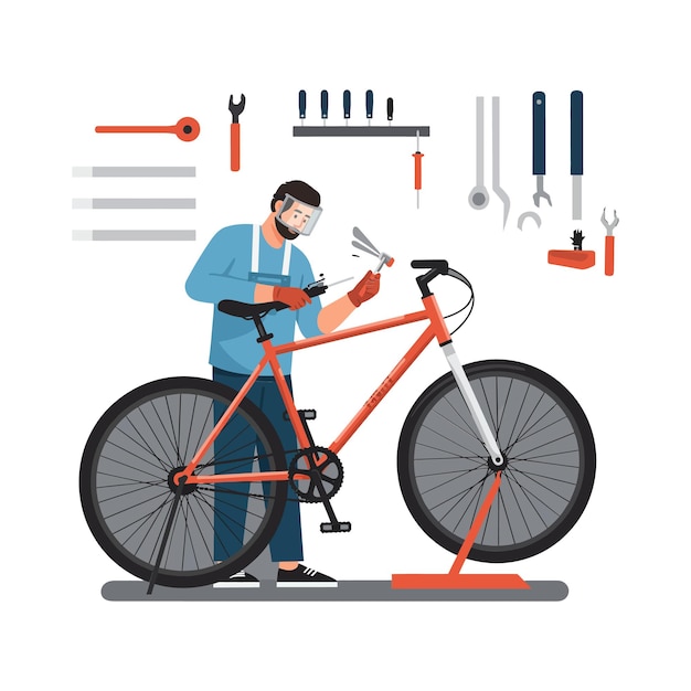Persona che ripara una bicicletta con strumenti in un ambiente di officina che mostra un'abilità artigianale
