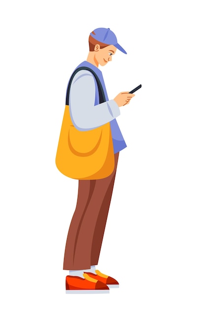 Persona che tiene un telefono cellulare studente con uno smartphone in mano invia un messaggio o naviga su Internet