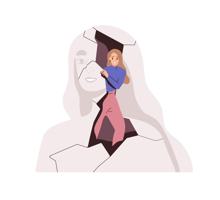 Vettore persona con problemi di salute mentale. paura e ansia, concetto di psicologia. la donna ansiosa spaventata si sente nervosa per il rilascio di sé dal mondo interiore. illustrazione vettoriale piatta isolata su sfondo bianco
