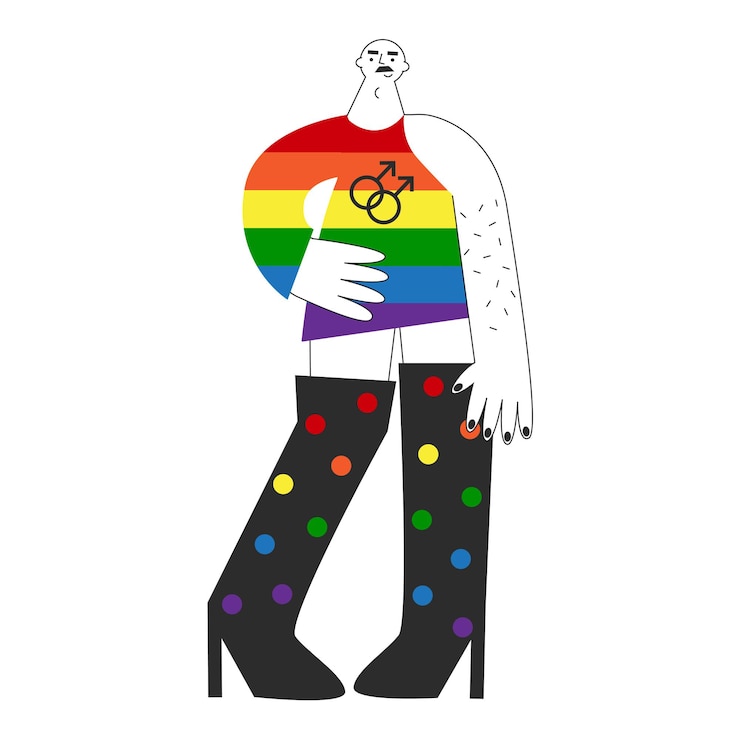 Vettore persona di sesso maschile gay travestito in abiti femminili in piedi con simboli lgbtq bandiera arcobaleno