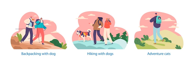 Vettore personaggi avventurosi che fanno trekking attraverso terreni montuosi con i loro compagni pelosi persone e animali domestici che creano esperienze indimenticabili e forgiano forti legami fumetto illustrazione vettoriale
