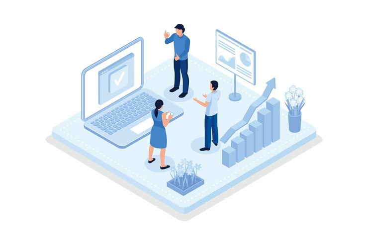 Vettore personaggi aziendali che analizzano l'illustrazione moderna del vettore isometrico dei dati di marketing