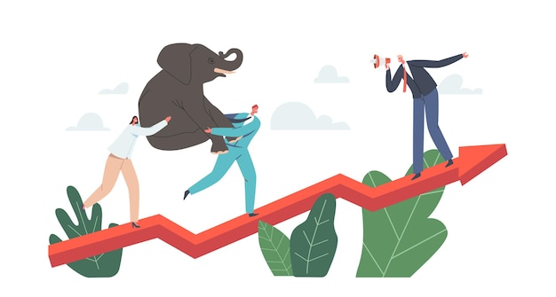 Personaggi aziendali Power Team Holding Elephant on Hands Climbing Growing Arrow Graph, Sfida aziendale, Successo finanziario, Crescita di carriera, Partnership di cooperazione. Cartoon persone illustrazione vettoriale