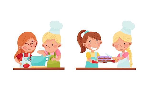Personaggi carini di cuochi bambini adorabili bambini allegri che preparano piatti gustosi illustrazione vettoriale di cartoni animati