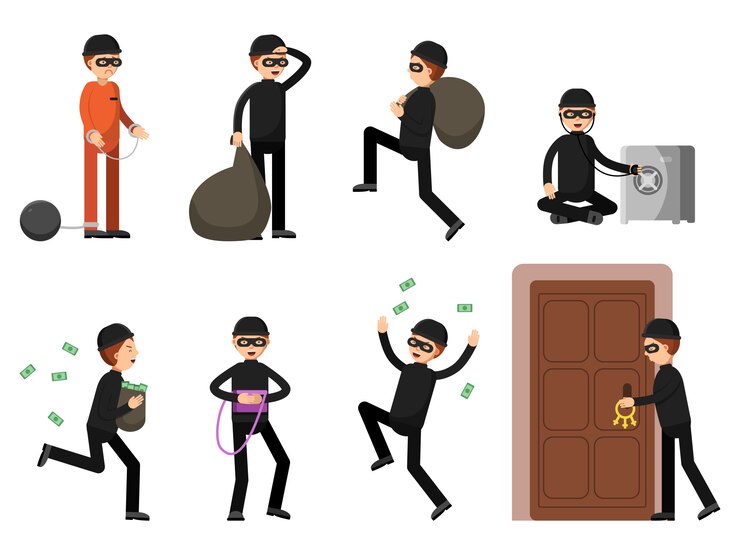Vettore personaggi criminali in diverse pose di azione