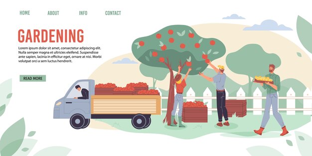 Personaggi dei cartoni animati che raccolgono in fattoria - concetto di agricoltura ecologica, biologica, per il web online, sito