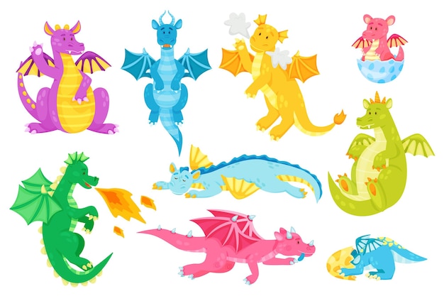 Personaggi dei cartoni animati di draghi da favola, simpatici cuccioli di drago. Creatura di fantasia che sputa fuoco, rettili volanti magici, set di vettori di animali da favola. Piccoli dinosauri mitici che nascono dall'uovo