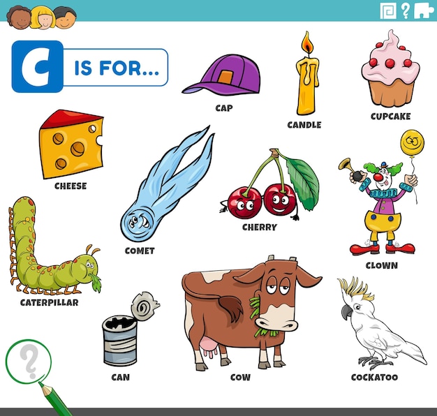 personaggi dei cartoni animati e oggetti che iniziano con la lettera C set educativo