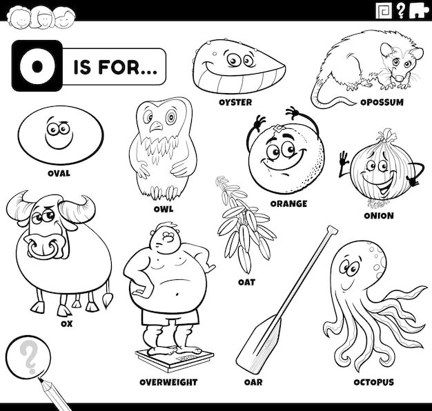 personaggi dei cartoni animati e oggetti impostati per la pagina del libro da colorare della lettera O