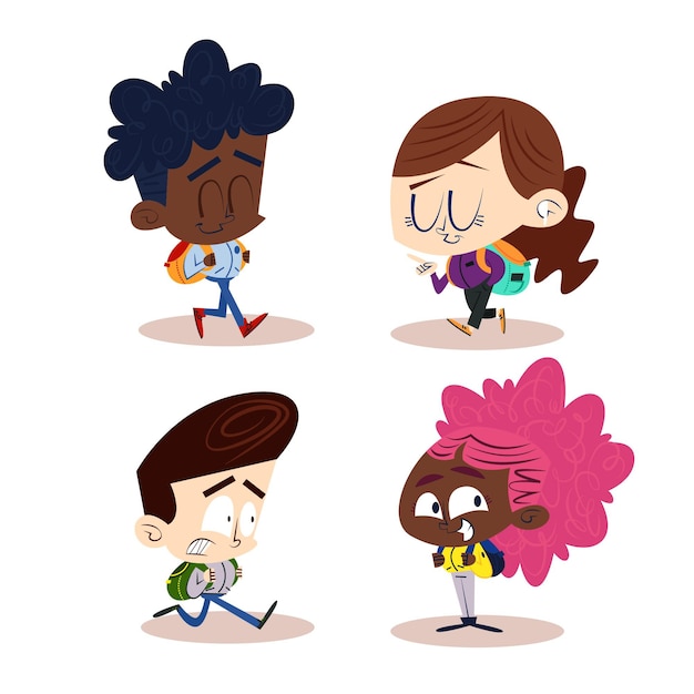 Personaggi dei cartoni animati retrò disegnati a mano con bambini e bookbags