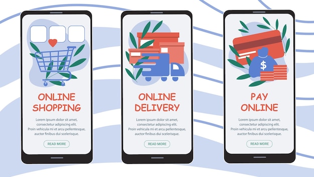 Personaggi dei cartoni animati su schermi di app per smartphone modello di interfaccia di app online per lo shopping e la consegna...