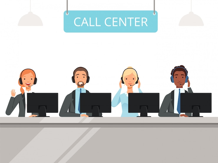 Vettore personaggi del call center. operatore degli agenti di servizio del cliente professionale in cuffia che si siede i caratteri anteriori dei computer portatili