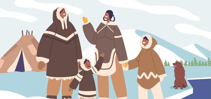 Vettore personaggi della famiglia eschimese avvolti in abiti caldi e cani in piedi accanto alla loro tradizionale yurta che agitano allegramente le mani irradiando il calore della loro fredda casa artica cartoon people vector illustration