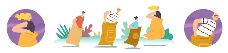 Vettore personaggi della famiglia felice madre, padre e bambini che saltano in borse. gara di sacchi gara estiva all'aperto, gioco allegro saltellante in un parco o in uno stadio. illustrazione di vettore della gente del fumetto, icone rotonde