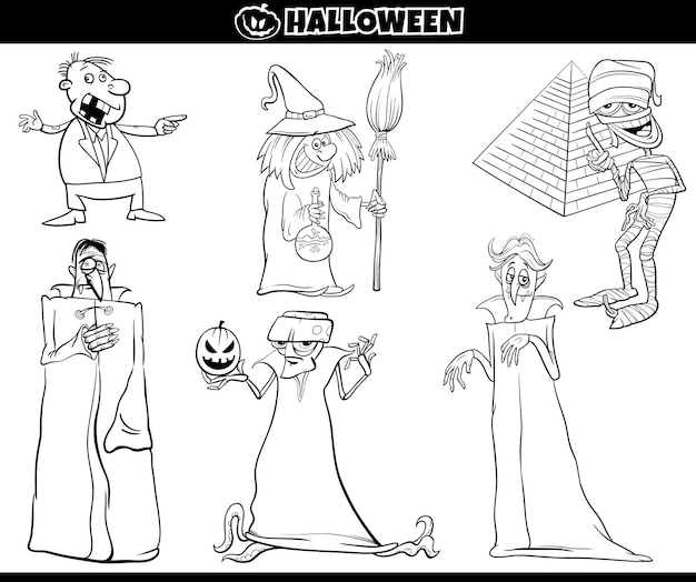 Personaggi delle vacanze di Halloween del fumetto impostano la pagina da colorare