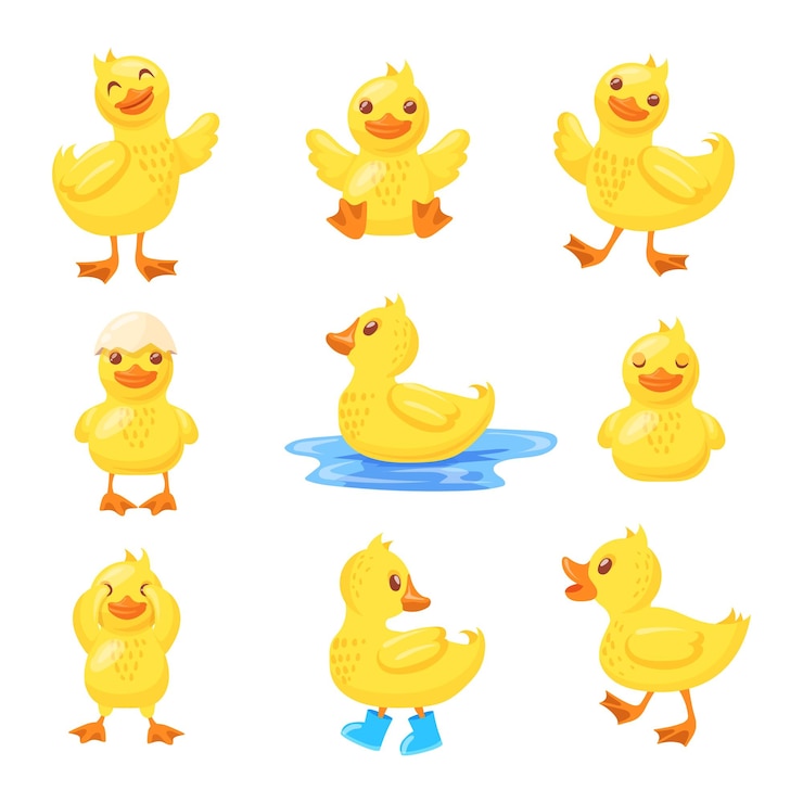 Vettore personaggi di anatre belle anatre neonati cartoni animati anatre carine emoji bambino piccola anatra attività primaverile divertente uccello giallo animale becco espressione set pulito illustrazione vettoriale
