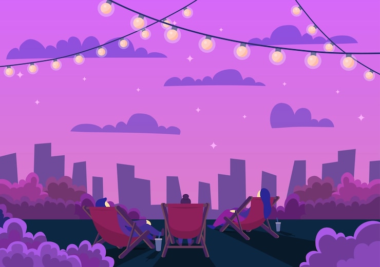 Vettore personaggi di cartoni animati a colori persone e notte città paesaggio scena concetto vettore
