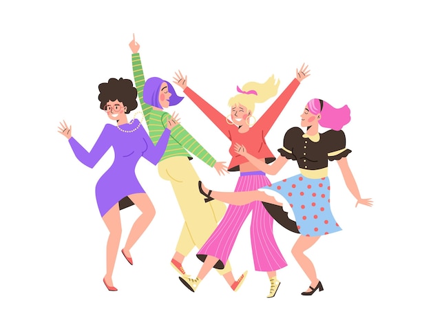 Personaggi di donne danzanti in abbigliamento luminoso piatto illustrazione vettoriale isolato