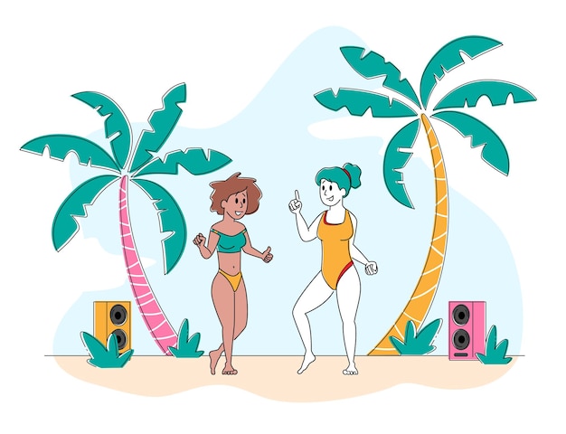 Personaggi di giovani ragazze che indossano costumi da bagno che ballano in riva al mare alla festa in spiaggia estiva