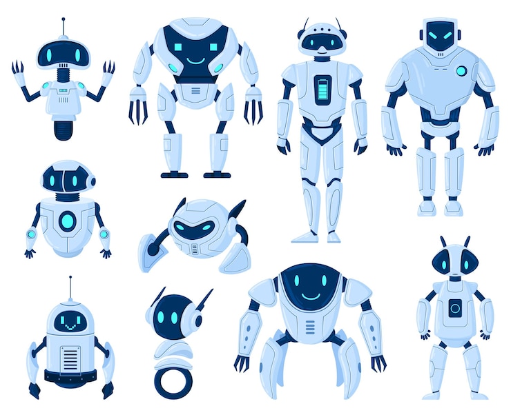 Vettore personaggi di intelligenza artificiale della macchina cyborg dei robot dei cartoni animati set di illustrazioni vettoriali per cyborg digitali e macchine a tecnologia moderna personaggi dei cartoni animati del robot