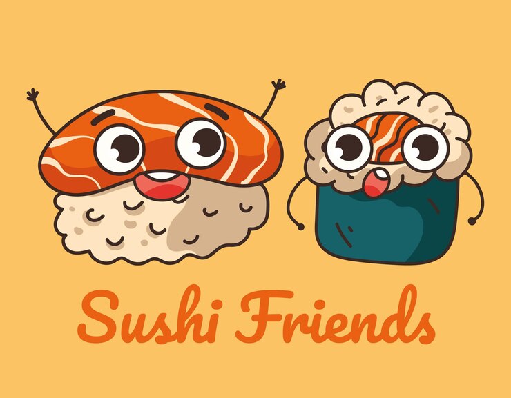 Vettore personaggi di rotoli di sushi con salsa di soia isolati vector flat cartoon design element illustration