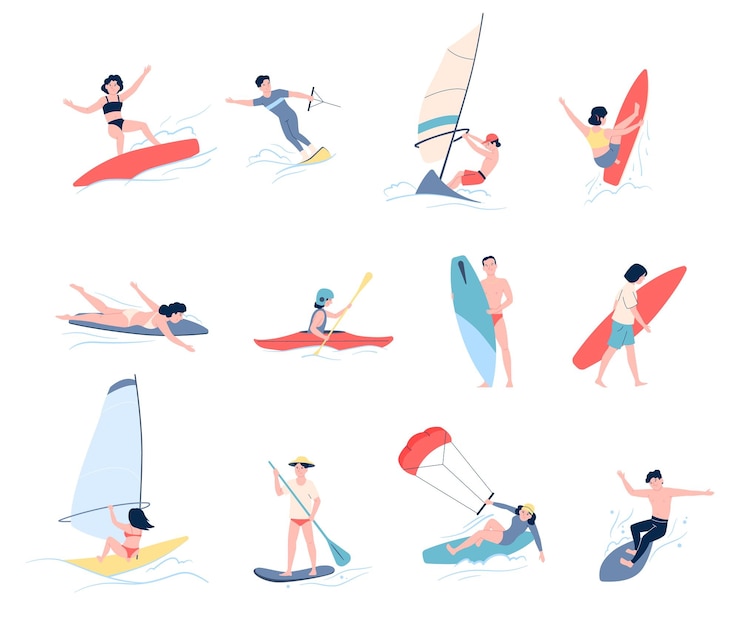 Vettore personaggi di sport acquatici sport estremo in mare o in oceano surf wakeboarding windsurf e kayak persone ricreazione sulla spiaggia set vettoriale recente