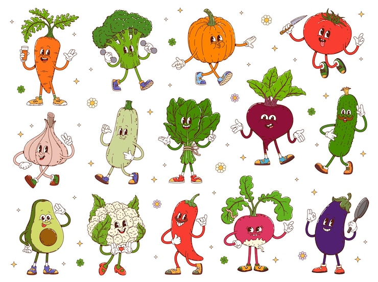 Vettore personaggi di verdure divertenti e groovy, verdure di cartoni animati