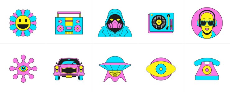 Vettore personaggi e elementi di cartoni animati psichedelici trendy funky sticker groovy icon set vector flat