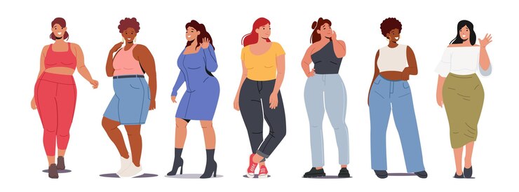Vettore personaggi femminili di grandi dimensioni belle donne indossano abiti casual pantaloni corti curvy ragazze afroamericane o caucasiche indossano tacchi alti plus size eleganti signore cartoni animati illustrazione vettoriale