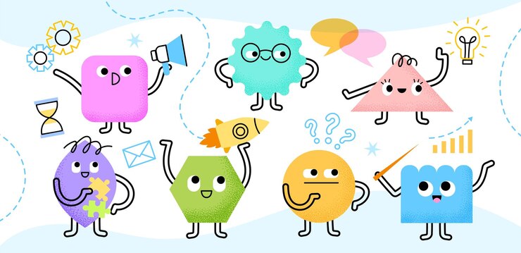 Personaggi geometrici divertenti Diverse forme colorate con facce carine mani e gambe emozioni positive concetto di educazione dei bambini insieme vettoriale
