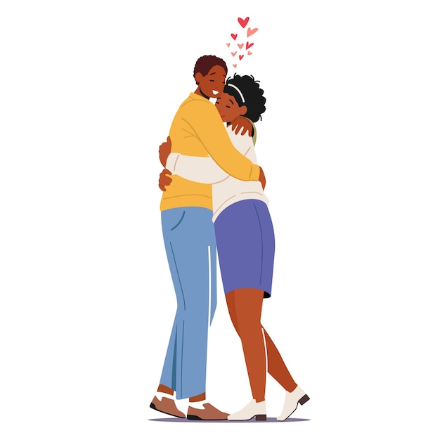 Personaggi maschili e femminili africani che abbracciano la giovane coppia amorosa Relazioni romantiche Uomo e donna si abbracciano