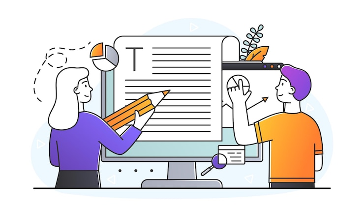 Vettore personaggi maschili e femminili che modificano insieme un documento online blogger copywriter giornalista redattore